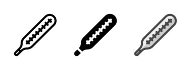 Ana hatları, glifleri, ana hatları doldurulmuş çok amaçlı analog termometre vektör simgesi. Bir pakette üç simge biçimi.