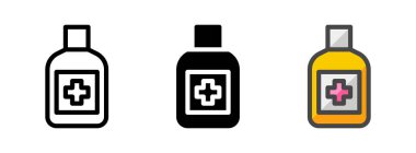 Çok amaçlı antiseptik vektör ikonu ana hatlarıyla, kabartmasıyla, ana hatlarıyla doldurulmuş. Bir pakette üç simge biçimi.