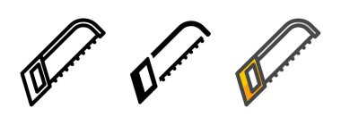 Ana hatları, sembolleri ve ana hatları doldurulmuş çok amaçlı demir testeresi vektör simgesi. Bir pakette üç simge biçimi.