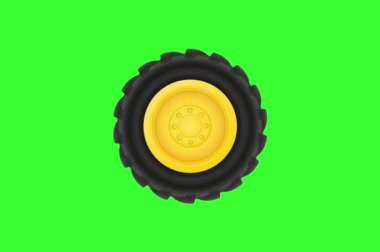 Yeşil arka planda yuvarlak tekerlekleri olan sarı bir traktör..