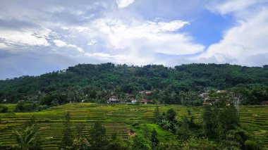 Açık mavi gökyüzü ile tepelerin manzarası. Gün boyunca gökyüzü açık mavi, dağlar yeşil, bir sürü ağaç var, çok serin.