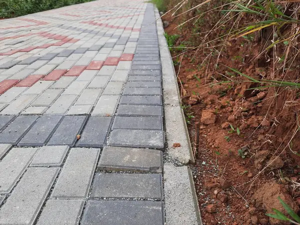 Birbirine kenetlenmiş tuğlalardan yapılmış, açık toprak ve dağınık yeşillik eşliğinde ayrıntılı bir kaldırım manzarası.