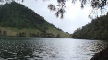 Ormanlık bir kıyı şeridi olan huzurlu dağ gölü seyahat, macera ve sakin doğa fotoğrafçılığı projeleri için ideal.