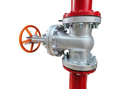 Endüstriyel Valf Kırmızı Boru Sistemi Bileşeni, Gümüş Metal Eklem ve Turuncu Saplı, Tesisat ve Mühendislik Projeleri için Yakın Görünüm