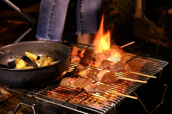 Close up grilling barbecue in the campground at summer camp travel, Skewers of pork and beef fillet on barbecue party dinner in camping, Summer Camp Travel one activity for relaxing.