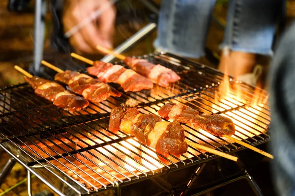 Close up grilling barbecue in the campground at summer camp travel, Skewers of pork and beef fillet on barbecue party dinner in camping, Summer Camp Travel one activity for relaxing.