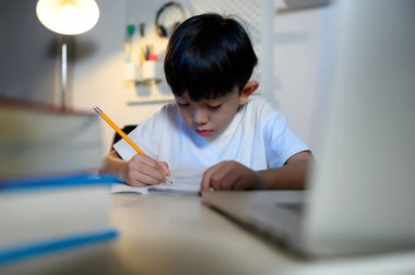 Asyalı Çocuk Ev Ödevi ve Evde Tek Başına Öğrenme, Ödev, Öğrenme ve Başarı, Ödev ve Asyalı Çocuk Konsepti üzerine yoğunlaşan Asyalı Ciddi Çocuk.