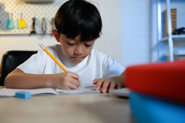 Asyalı Çocuk Ödevi Evde Tek Başına Öğrenme Ödev Öğrenme Başarı — Stok fotoğraf