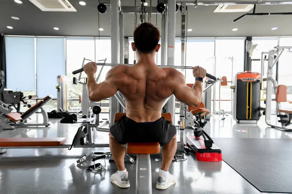 Back of Bodybuilder man while workout doing cable rope pushdowns. Tricep arm exercises balanced upper body pull-downs in gym, Fitness exercising concept.