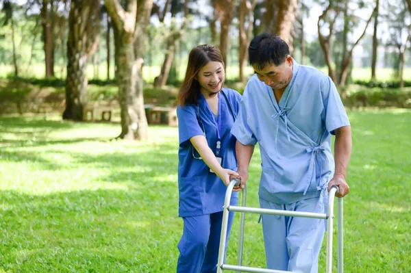 Asian Young Female Doctor Help Support Senior Patient and Provide Encouragement During Treatment. Rehabilitation or Physical Therapy of Asian Retired Patients with Walking Aids.