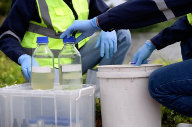 Çevre Mühendisleri Ekibi Doğal Su Kaynakları 'ndan su örnekleri alıyor. Tarım arazisi yakınlarında kötü kokan su, Balık Göletleri Zehirli Kirlilik Alanlarıyla kirlenmiş olabilir.