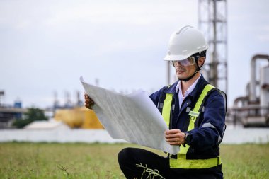 Kask takan, güvenlik gözlüğü takan ve yansıtıcı yelek giyen bir mühendis sanayi bölgesinde diz çökerken projeleri gözden geçirir. Arka planda makine ve boru tesisatı yapıları görünür