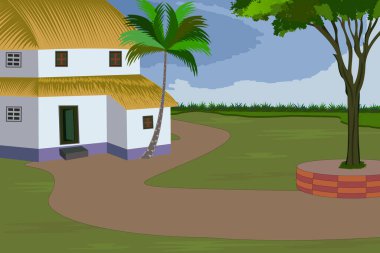 Indian rural village. Farmers Straw huts, green fields, coconut trees and dirt roads create a picturesque roadside landscape at the heart of village life clipart