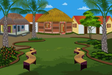 Traditional Indian-decorated village houses. Vector illustration of palm trees, sheet benches, and mud houses for gardens for animation projects inspired by rural Indore houses clipart