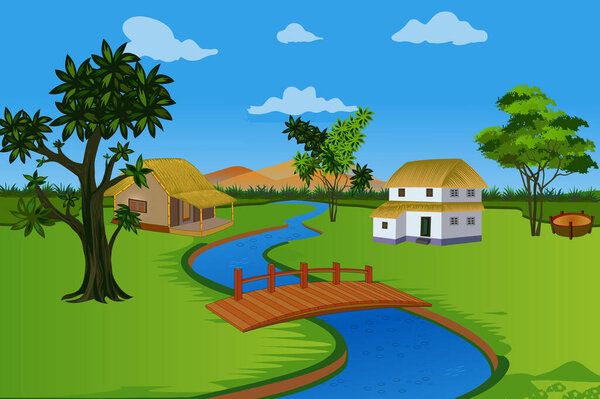 Vibrant Indian rural village illustration. Mud houses, palm trees and green grass line the streets, creating a charming cartoon backdrop of traditional village life and tranquility