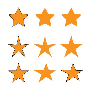 Resim, beyaz bir arkaplana karşı 3 'e 3 bir ızgarada dizilmiş 9 tane 5 köşeli yıldız içeriyor. Yıldızlar koyu turuncu bir renkle doludur ve ince siyah bir sınırla özetlenmiştir. Yıldızlar aynı büyüklükte ve boşluktadır. Genel hatlarıyla.