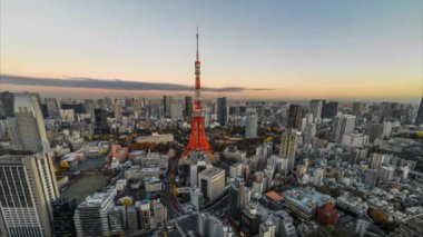 4K yüksek çözünürlüklü Japon Tokyo Kulesi hareketli şehir manzaralı gün batımı hızlandırılmış fotoğrafçılık