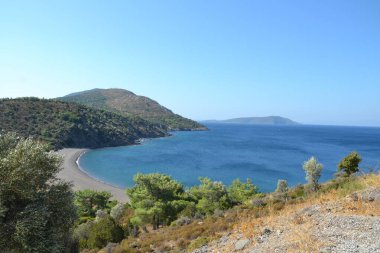 Berrak turkuaz suyu olan sakin bir körfez, yemyeşil tepeler ve seyrek ağaçlarla çevrili kıvrımlı kıyı şeridini nazikçe karşılıyor. Huzurlu manzara, parlak mavi gökyüzü ile birleşir ve huzurlu bir manzara yaratır..