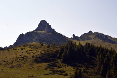 Romanya 'nın Ciuca Dağları' nın bu manzaralı manzarasında yeşil tepeler ve çam ormanlarının üzerinde görkemli dağ zirveleri yükseliyor. Ham doğanın ve el değmemiş vahşi doğanın mükemmel bir görüntüsü..