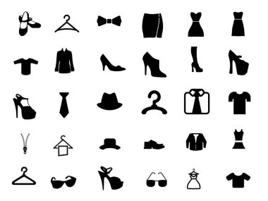 A grid of black fashion silhouettes featuring apparel and accessories such as shirts, dresses, hats, shoes, and bags. Ideal for wardrobe, style, and fashion branding projects, catalogs, and design inspiration.
