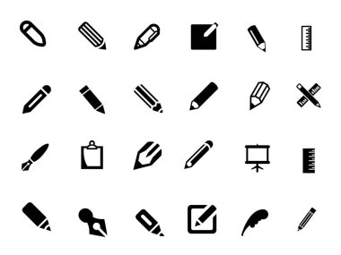A diverse set of black silhouette icons representing common writing and office tools such as pens, pencils, erasers, clipboard, ruler, brush, and other design essentials, suitable for UI, branding, or stock catalogs.