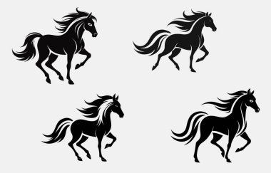 At izole edilmiş, siluet vektör çizim atları çalışıyor. Beyaz arkaplanda izole edilmiş, at silueti vektör çizimi siyah beyaz resim