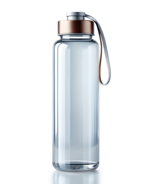 Cam şişe izole, cam su şişesi gölgesi ve kırpma yolu olan şeffaf bir arka plan.