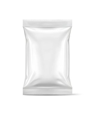 Boş gümüş plastik torba. Atıştırmalıklar, beyaz beckground 'da izole edilmiş cips ambalajları, tasarımınız için kullanın. modelleme şablonu hazırlanıyor