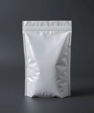 Boş gümüş folyo ambalajlama alüminyum folyo fermuar kesesi kırpma yolu ile gri zemin üzerinde izole, gıda ürünü paketleme tasarımı için hazır tasarım şablon için '