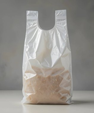 Boş plastik torba. Gri arkaplanda kırpma yolu ile izole edilmiş, yiyecek ürün paketleme tasarımı için hazır tasarım şablonu için model 'kullanım