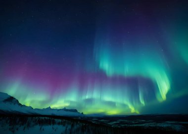 Aurora Borealis çok renkli yeşil canlı, Aurora Polaris Gecesi yıldızlı gökyüzü ve kuzey ışıkları. Yeşil aurora borealis Norveç üzerinde gece gökyüzünde ışıklar