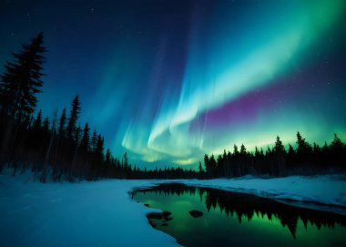 Aurora Borealis çok renkli yeşil canlı, Aurora Polaris Gecesi yıldızlı gökyüzü ve kuzey ışıkları. Yeşil aurora borealis Norveç üzerinde gece gökyüzünde ışıklar