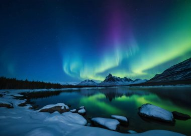 Aurora Borealis çok renkli yeşil canlı, Aurora Polaris Gecesi yıldızlı gökyüzü ve kuzey ışıkları. Yeşil aurora borealis Norveç üzerinde gece gökyüzünde ışıklar