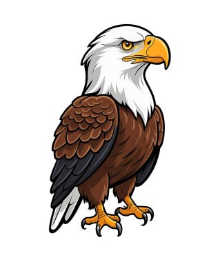Keskin altın gagalı ve keskin gözlü kel kartal kafası etiketi, beyaz tüyler ve koyu kahverengi aksanlı, temiz bir sticker tarzı kenar, şeffaf arka plan, maskot tasarımları, logolar, vatansever sanat eserleri ve baskıya hazır grafiklerle özetlenmiş.