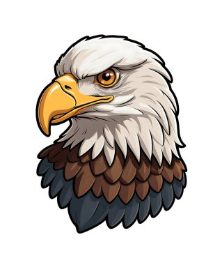 Keskin altın gagalı ve keskin gözlü kel kartal kafası etiketi, beyaz tüyler ve koyu kahverengi aksanlı, temiz bir sticker tarzı kenar, şeffaf arka plan, maskot tasarımları, logolar, vatansever sanat eserleri ve baskıya hazır grafiklerle özetlenmiş.