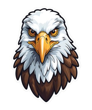 Keskin altın gagalı ve keskin gözlü kel kartal kafası etiketi, beyaz tüyler ve koyu kahverengi aksanlı, temiz bir sticker tarzı kenar, şeffaf arka plan, maskot tasarımları, logolar, vatansever sanat eserleri ve baskıya hazır grafiklerle özetlenmiş.