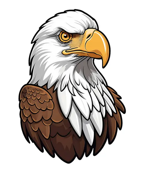 Keskin altın gagalı ve keskin gözlü kel kartal kafası etiketi, beyaz tüyler ve koyu kahverengi aksanlı, temiz bir sticker tarzı kenar, şeffaf arka plan, maskot tasarımları, logolar, vatansever sanat eserleri ve baskıya hazır grafiklerle özetlenmiş.