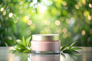 Doğal kremin kozmetik kavanozu ve renk arkaplan güzelliği, yüz veya vücut bakımı için doğal güzellik kozmetik ürünü, moda kozmetik ürünlerinin tasarım şablonu reklamlar için. 