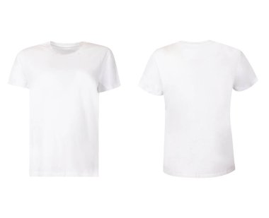 Boş beyaz kadın boyun tişörtleri, ön ve arka görünüm şablonu, beyaz arka planda izole edilmiş krem rengi, tasarım için tişört modeli.