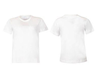 Boş beyaz kadın boyun tişörtleri, ön ve arka görünüm şablonu, beyaz arka planda izole edilmiş krem rengi, tasarım için tişört modeli.