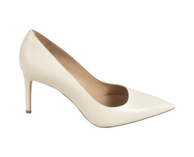 Beyaz topuklu yüksek topuklu, beyaz arka planlı kadınlar şık Pastel ayakkabılar, bu ileri moda kadın ayakkabıları sivri uçlu ayak parmakları ve ultra ince topuklar.