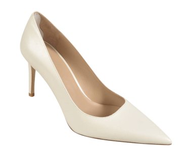 Beyaz topuklu yüksek topuklu, beyaz arka planlı kadınlar şık Pastel ayakkabılar, bu ileri moda kadın ayakkabıları sivri uçlu ayak parmakları ve ultra ince topuklar.