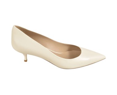 Beyaz topuklu yüksek topuklu, beyaz arka planlı kadınlar şık Pastel ayakkabılar, bu ileri moda kadın ayakkabıları sivri uçlu ayak parmakları ve ultra ince topuklar.