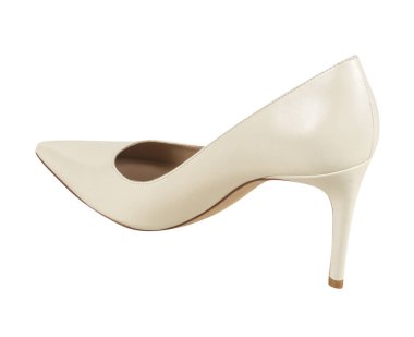 Beyaz topuklu yüksek topuklu, beyaz arka planlı kadınlar şık Pastel ayakkabılar, bu ileri moda kadın ayakkabıları sivri uçlu ayak parmakları ve ultra ince topuklar.