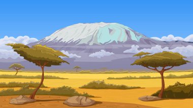 Kilimanjaro dağ sırasının arka planına karşı Afrika savanı manzarası, ağaçlar ve çayır alanları. El çizimi, dış hatlar. Vahşi yaşam sahnesi, Tanzanya panoramik görünümü, vektör illüstrasyonu.