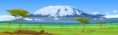 Kilimanjaro dağ sırasının arka planına karşı Afrika savanı manzarası, ağaçlar ve çayır alanları. Vahşi yaşam sahnesi, Tanzanya panoramik manzara, vektör illüstrasyonu. Poster, afiş.