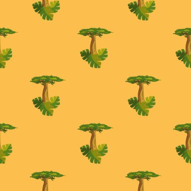 Baobab ve tropikal yapraklarla kusursuz bir geçmişi var. Afrika tarzında basit bir model. Sanatsal çizim, vektör çizimi. Sancak, tekstil, doku, duvar kağıdı, ambalaj, ambalaj.