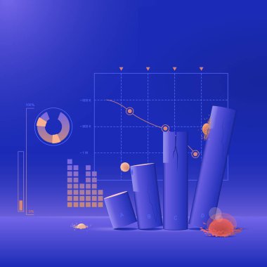 İş illüstrasyonu, borsanın çöküşünün teması, hızlı düşüş ve yatırım fonlarının değer kaybı. Bilgi grafikleri büyümede azalır. Pankart, poster, broşür.