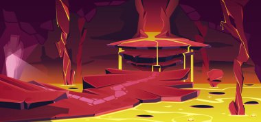 Magma şelaleli bir dağ mağarası. Yeraltı mağarası, magma gölü, taş sütunlar. Mağaraya giriş, taş yol. Jeoloji, zindan keşfi, macera. Vektör çizgi film illüstrasyonu.