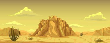 Çöl Arizona. Arizona vahşi hayatının panoramik manzarası. Dağ sıraları, kayalar, kum tepeleri, kaktüsler, bulutlar. Sıcak çöl manzarası Doğa Çölü arka planı Gila Çölü, Sonora. Vektör çizgi film illüstrasyonu